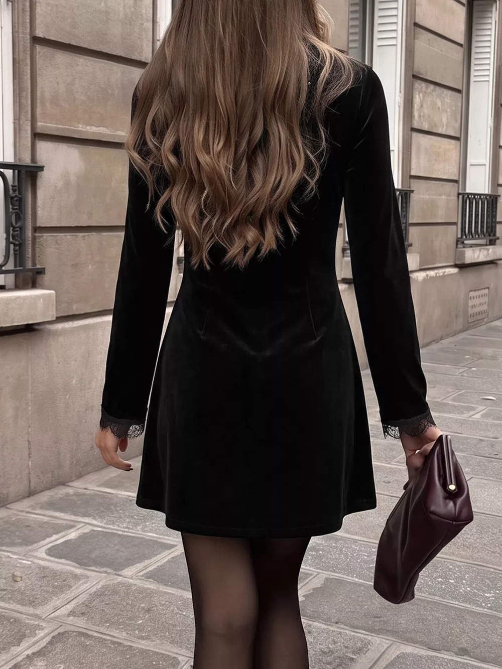 Velvet Lace Trim V-Neck Mini Dress, image 5