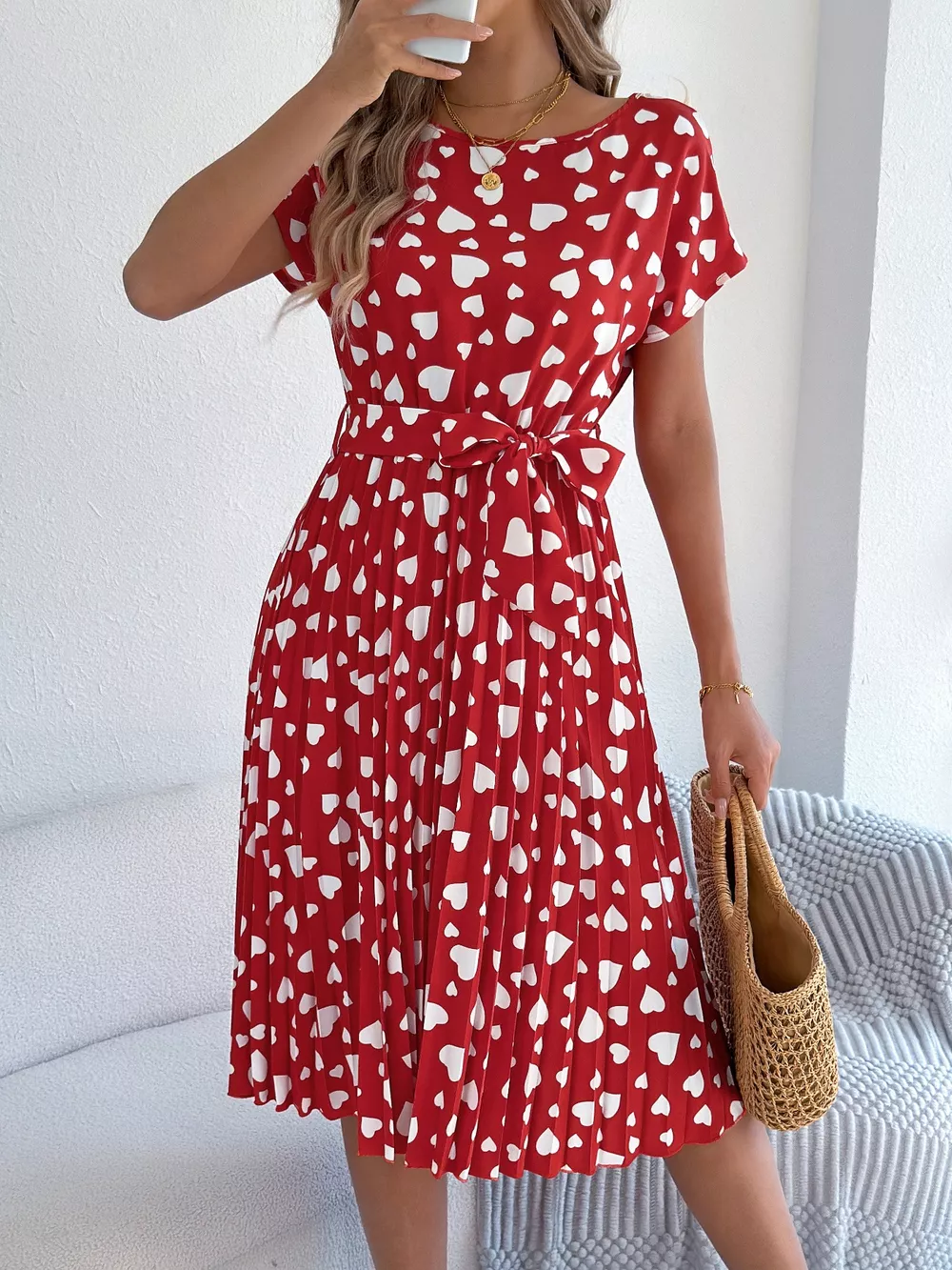 Heart Print Belted Pleated Midi Dress, image 5