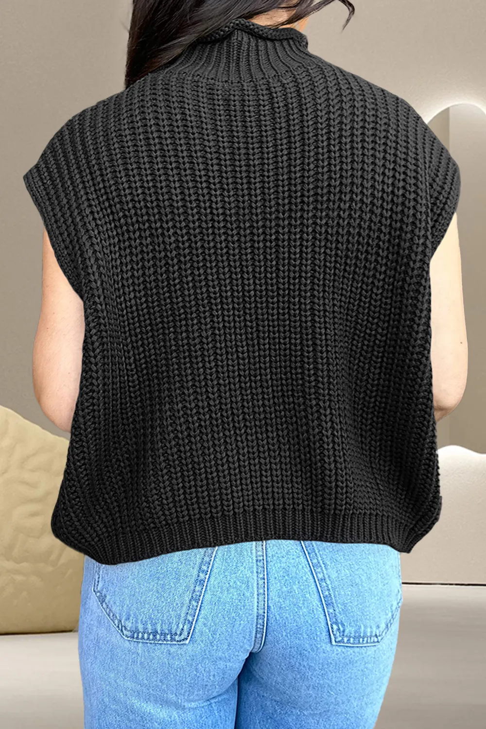 Cable-Knit Mock Neck Cap Sleeve Sweater, image 2