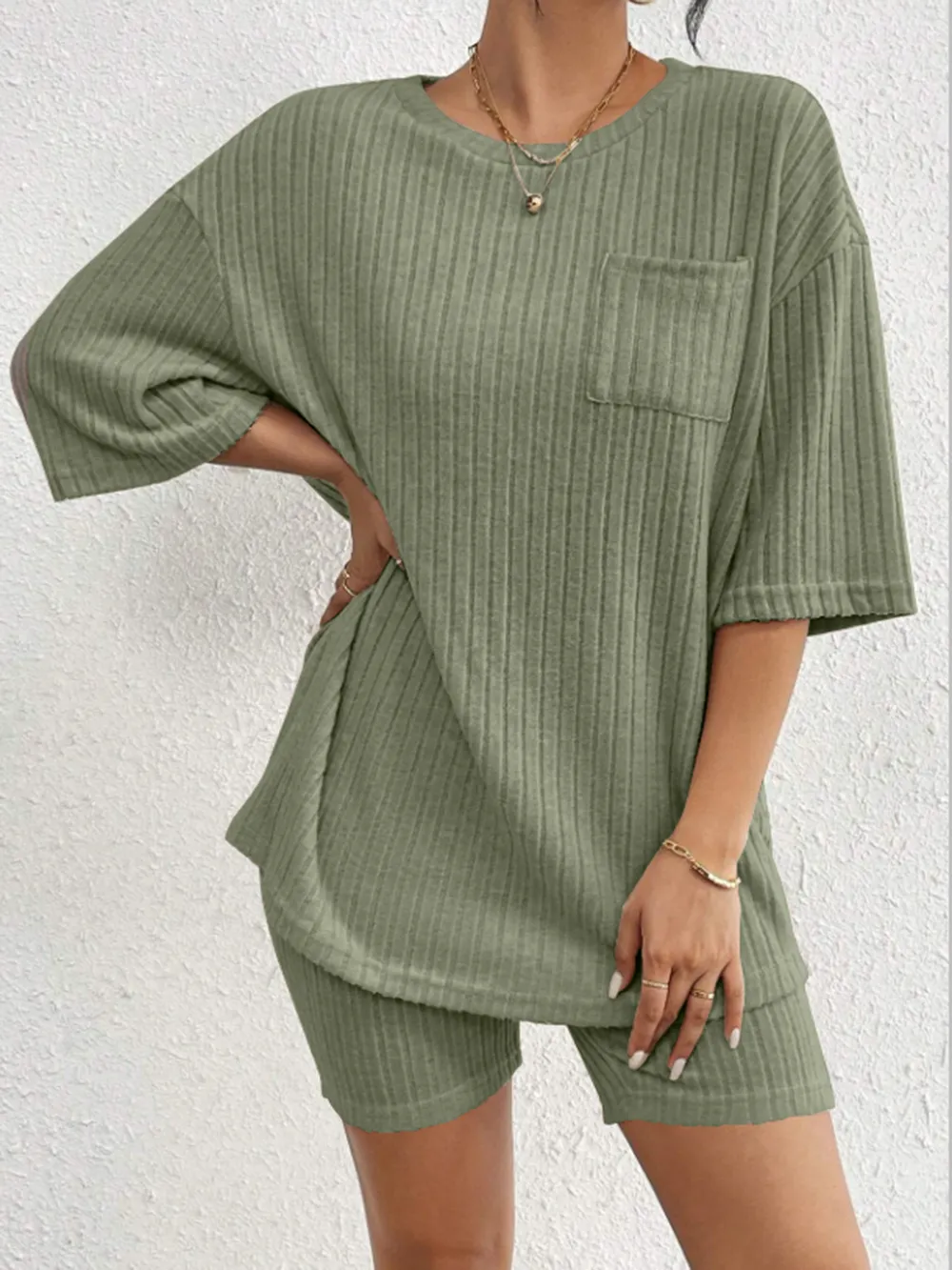 Ribbed Round Neck Top and Shorts Set, image 18