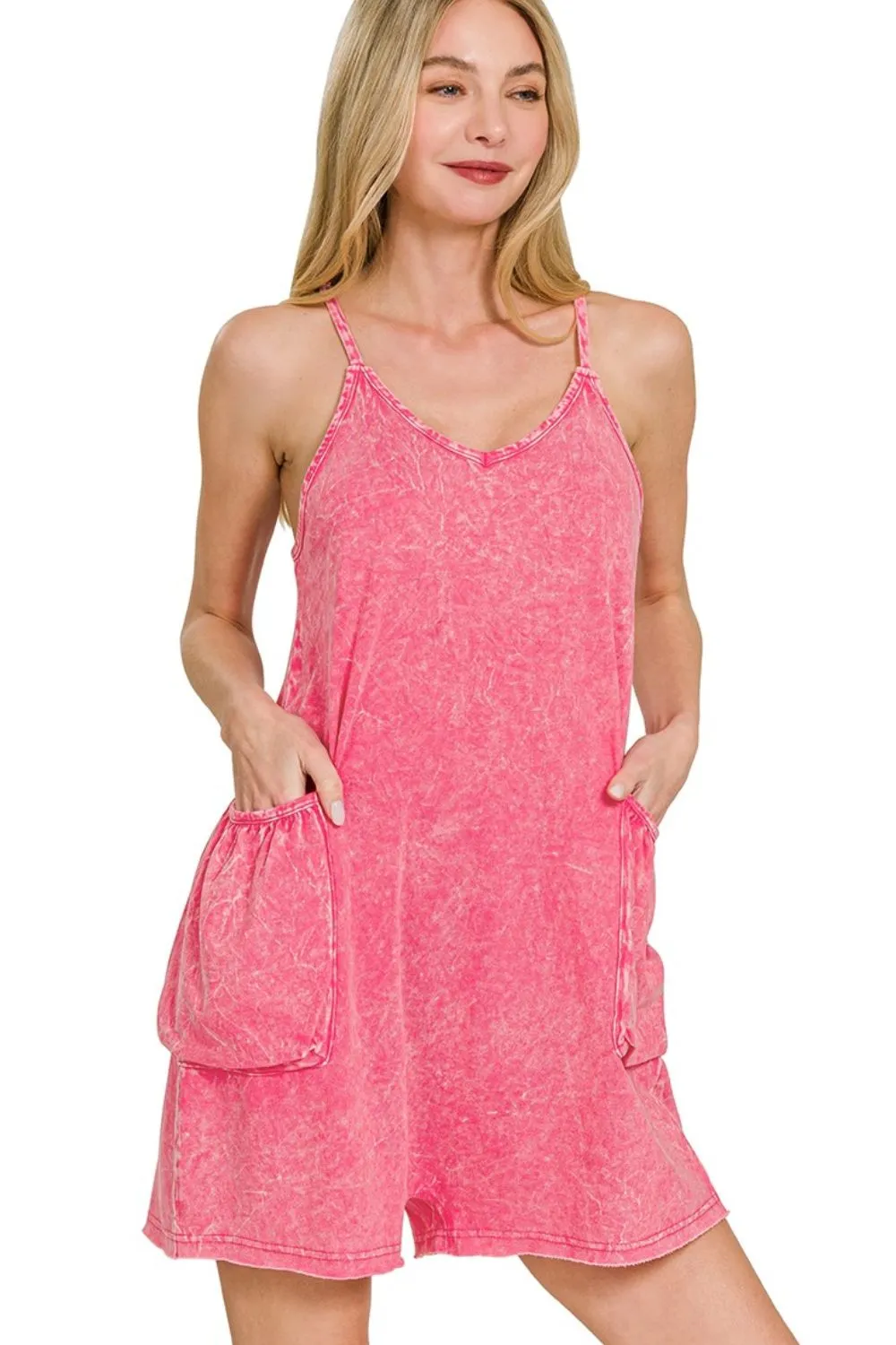 Acid Crinkle Washed Spaghetti Strap Romper, image 3