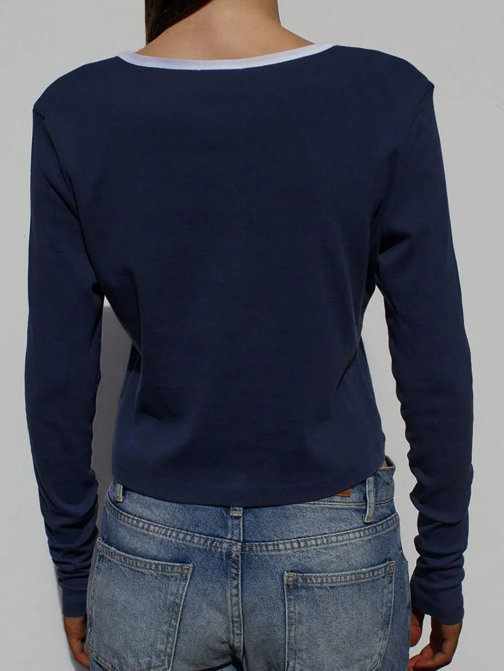 Button Down Contrast Trim Round Neck Long Sleeve Shirt, image 4