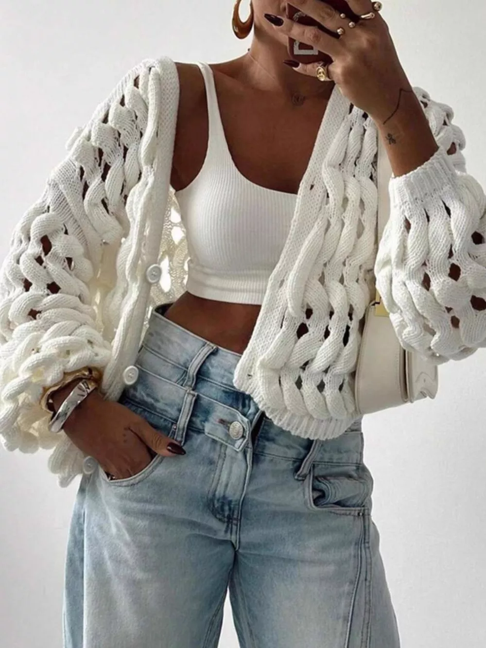 Openwork Button Up V-Neck Cardigan, image 5