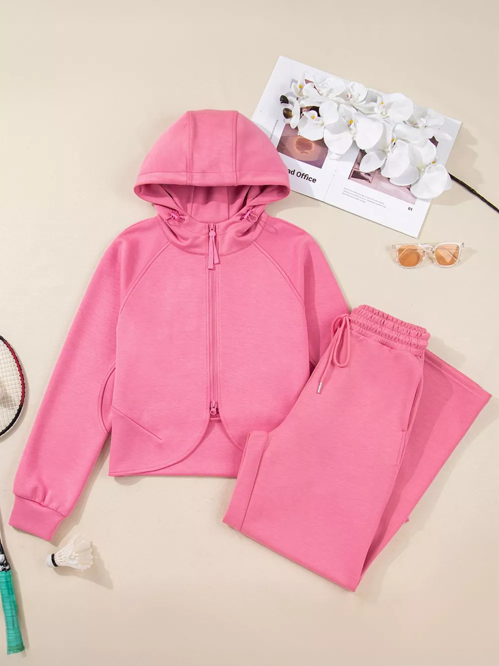 Solid Color Zip Up Hoodie Drawstring Loose Pants Set, image 4