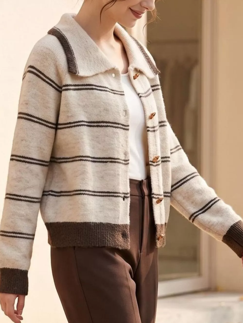 Striped Button-Down Knit Cardigan, image 4