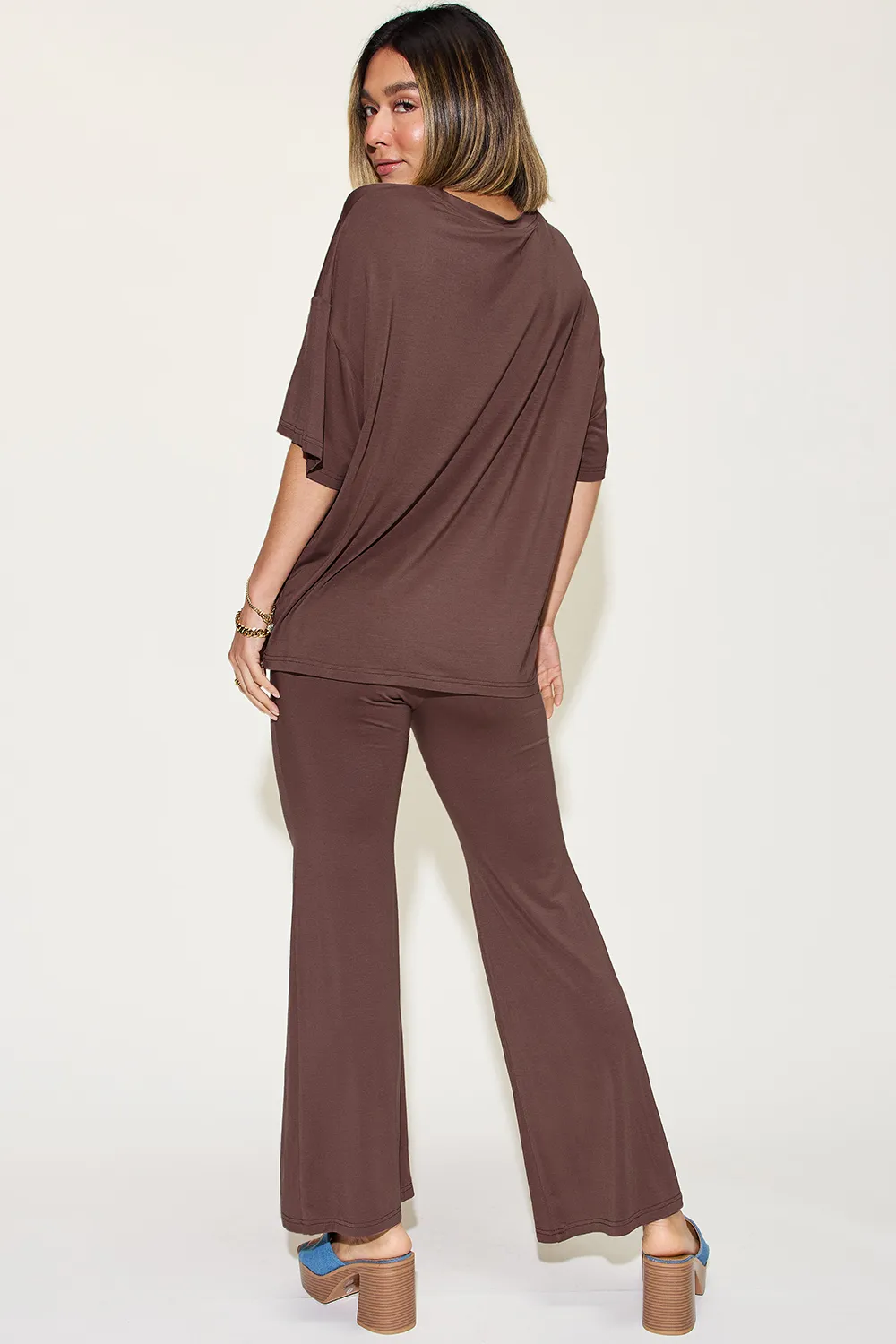 Full Size Bamboo Drop Shoulder T-Shirt and Flare Pants Set, image 10