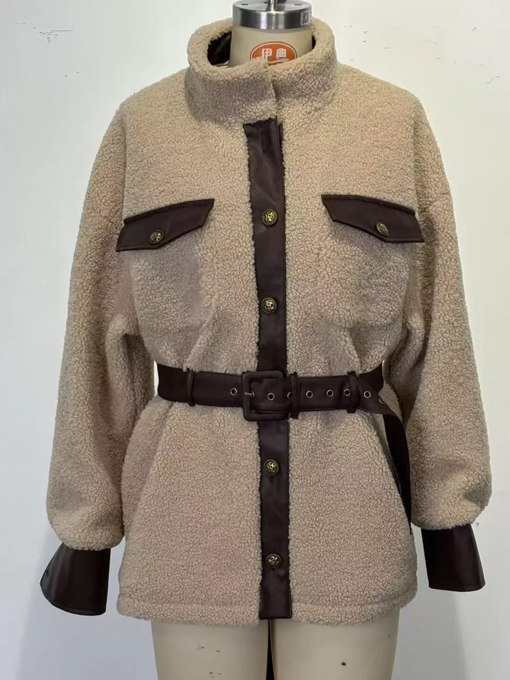 Leather Trim Sherpa Outerwear with Pockets, image 4