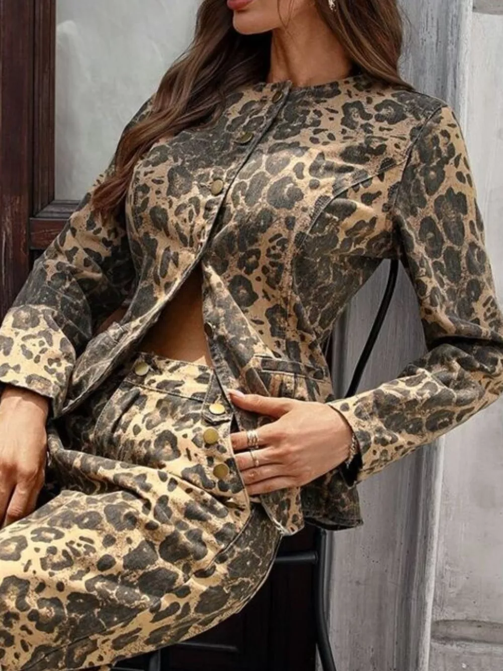 Leopard Button Up Long Sleeve Denim Shirt, image 3