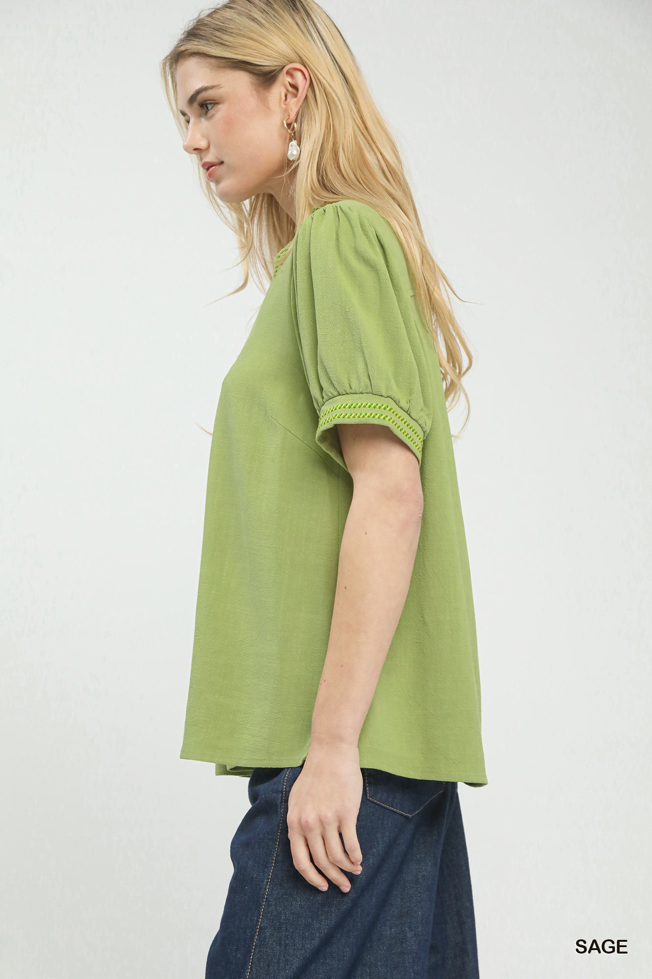 Embroidery Linen Puff Sleeve Blouse, image 2