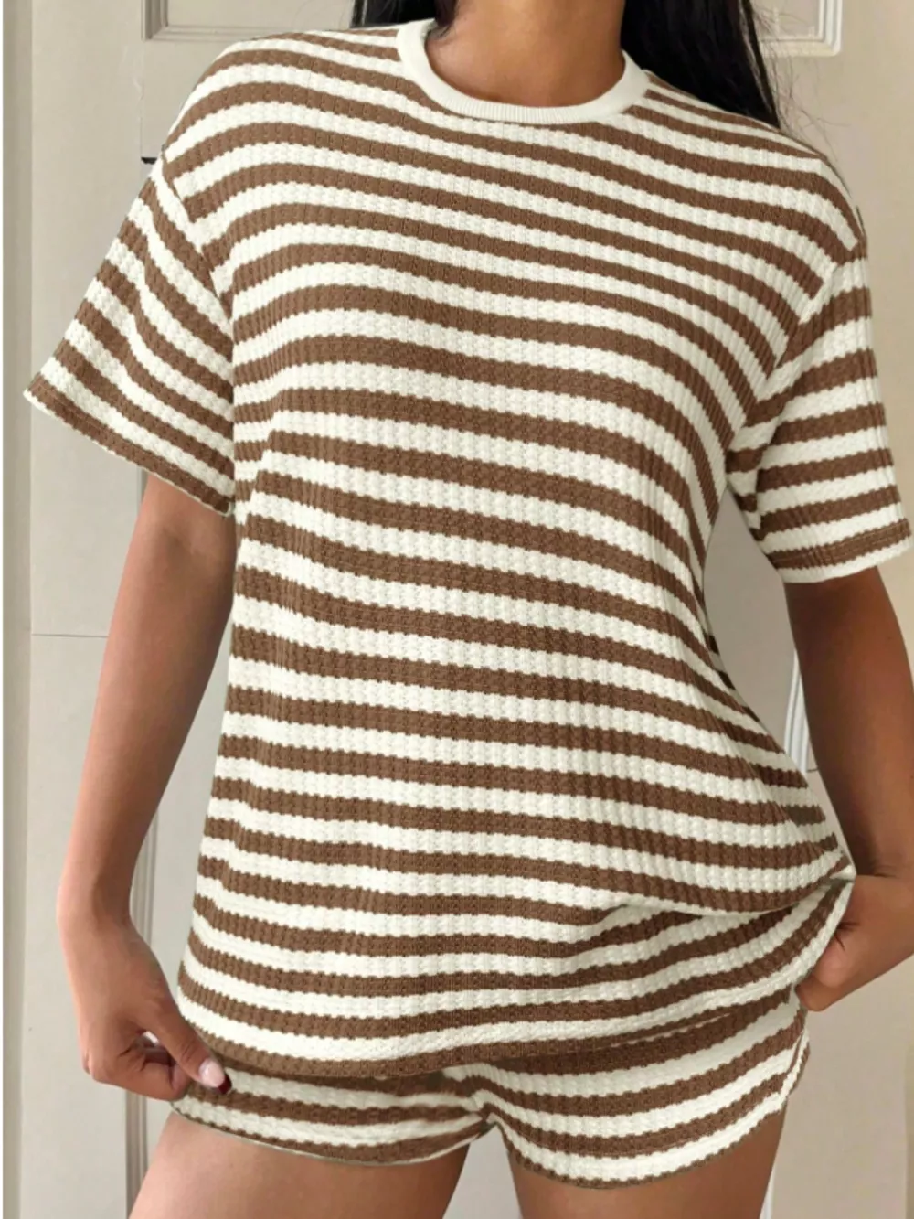 Striped Round Neck Top and Shorts Set, image 2