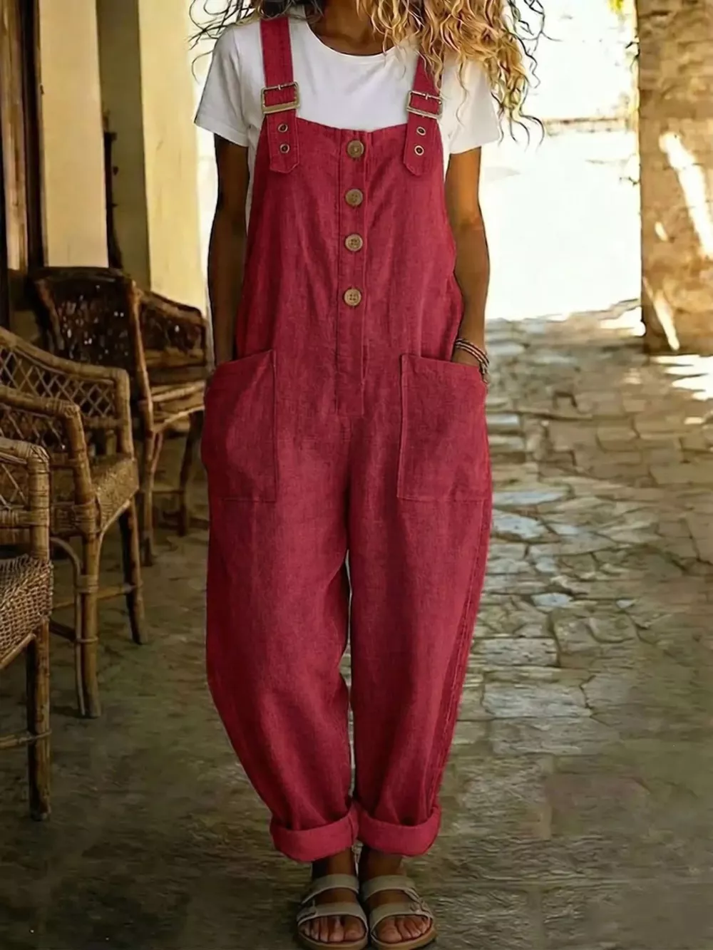 Casual Button Front Wide Leg Overalls, image 2