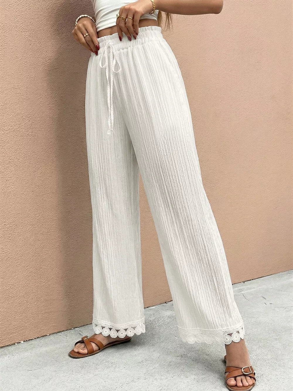 Lace Trim Wide Leg Pants, image 3