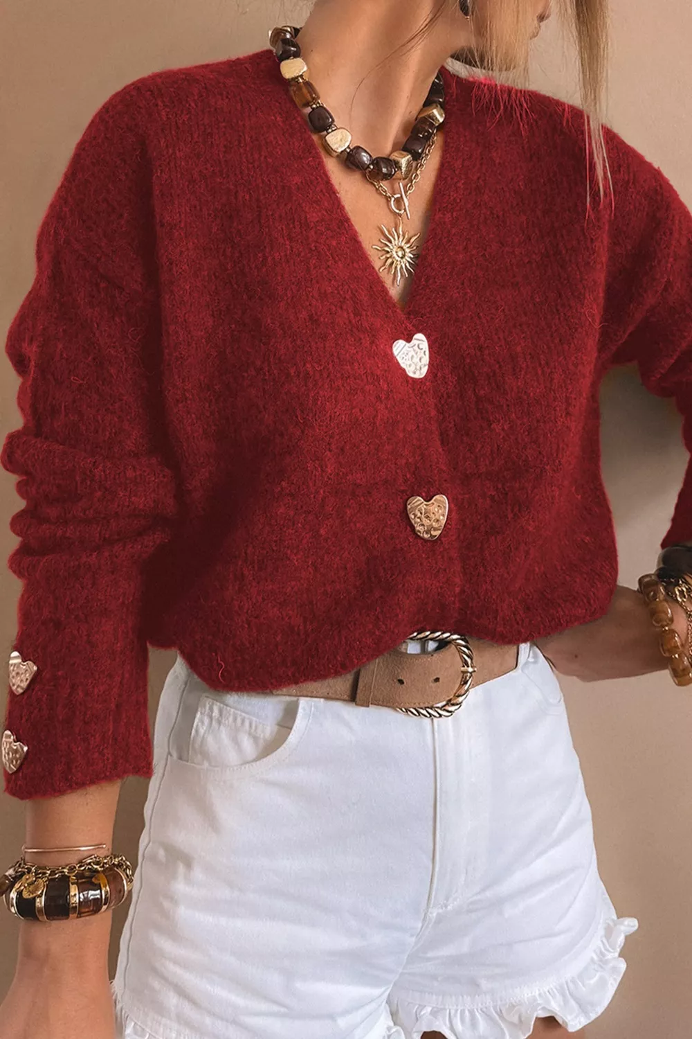 Heart Button Fuzzy Knit Cardigan