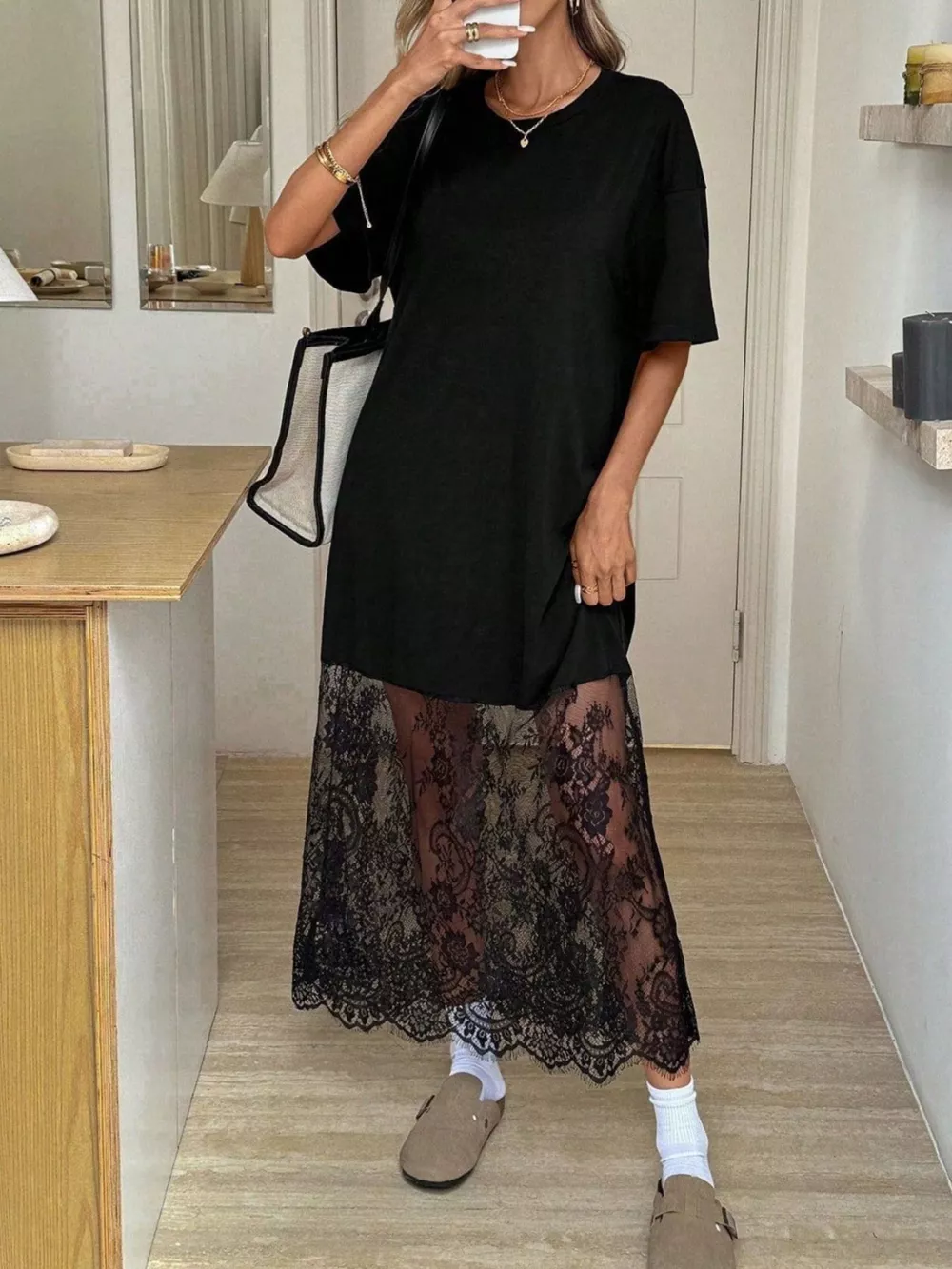 Floral Lace Hem Short Sleeve Tee Dress, image 3