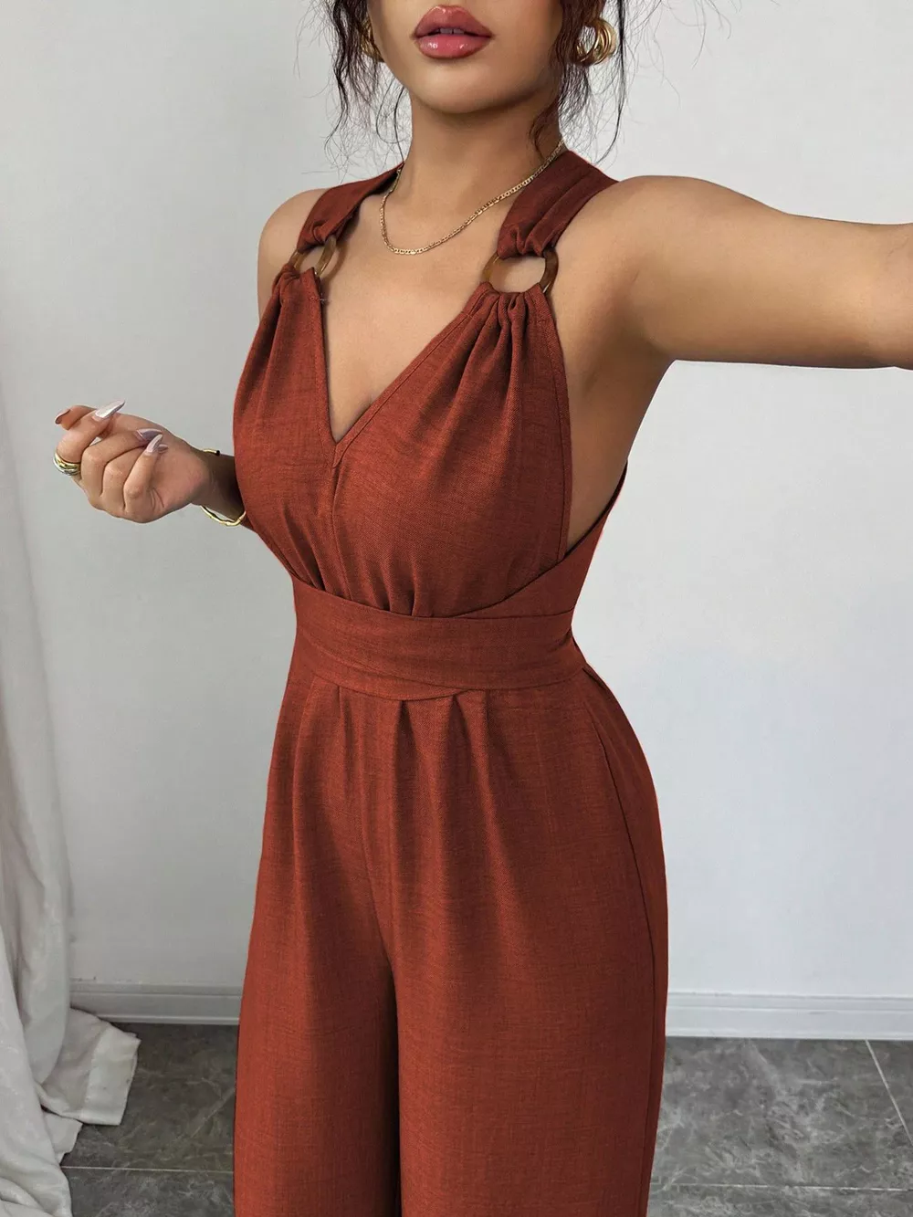 Sleeveless V-Neck Wide-Leg Jumpsuit with O-Ring Detail, image 15