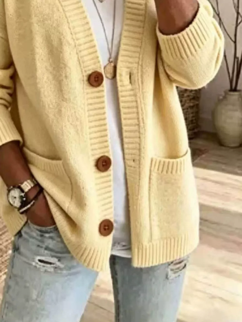 Casual V-Neck Button-Down Knit Cardigan with Pockets, image 2