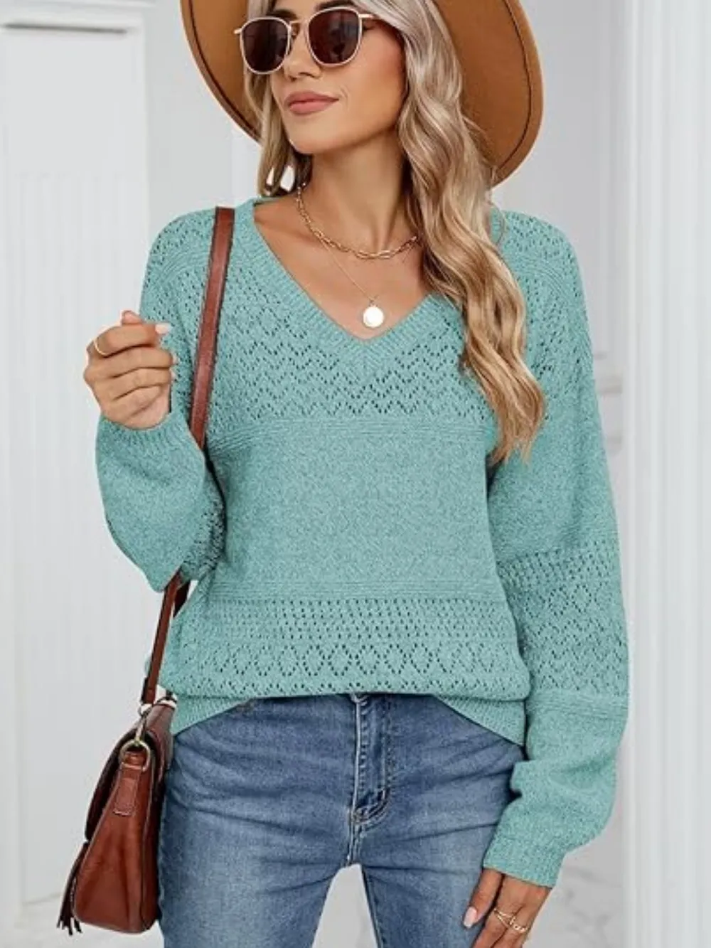 Eyelet V-Neck Long Sleeve Sweater, image 14