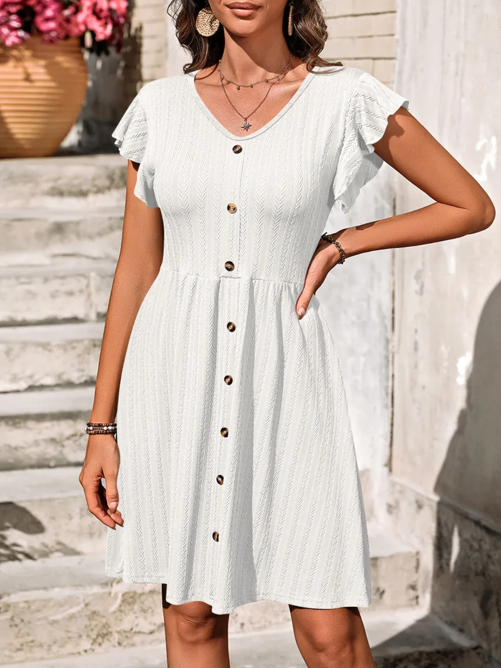 V-Neck Ruffled Cap Sleeve Dress, image 12