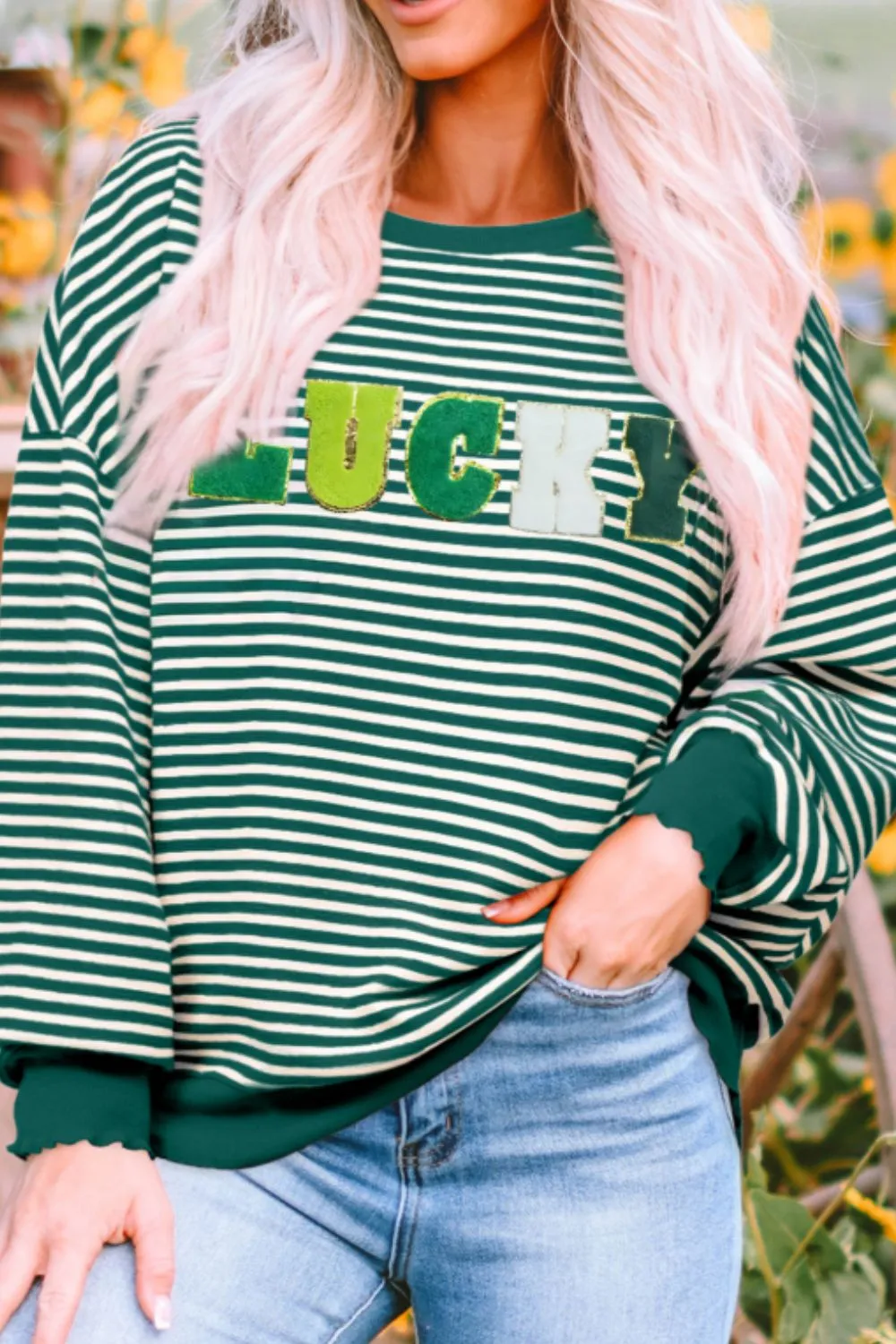 LUCKY Striped Round Neck Long Sleeve Sweatshirt, image 2