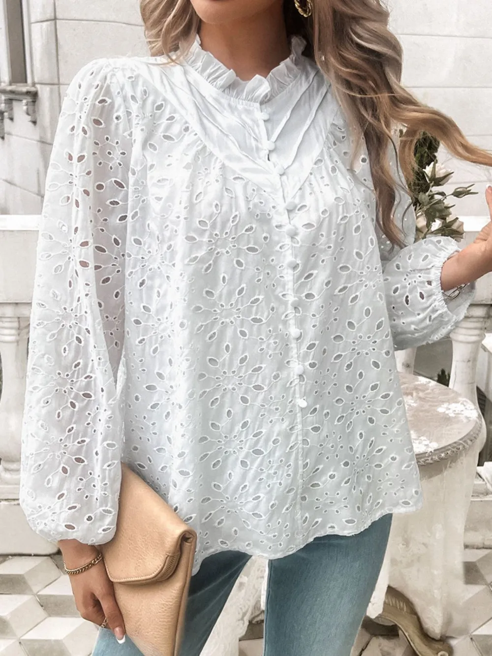 Frill Round Neck Long Sleeve Shirt, image 16