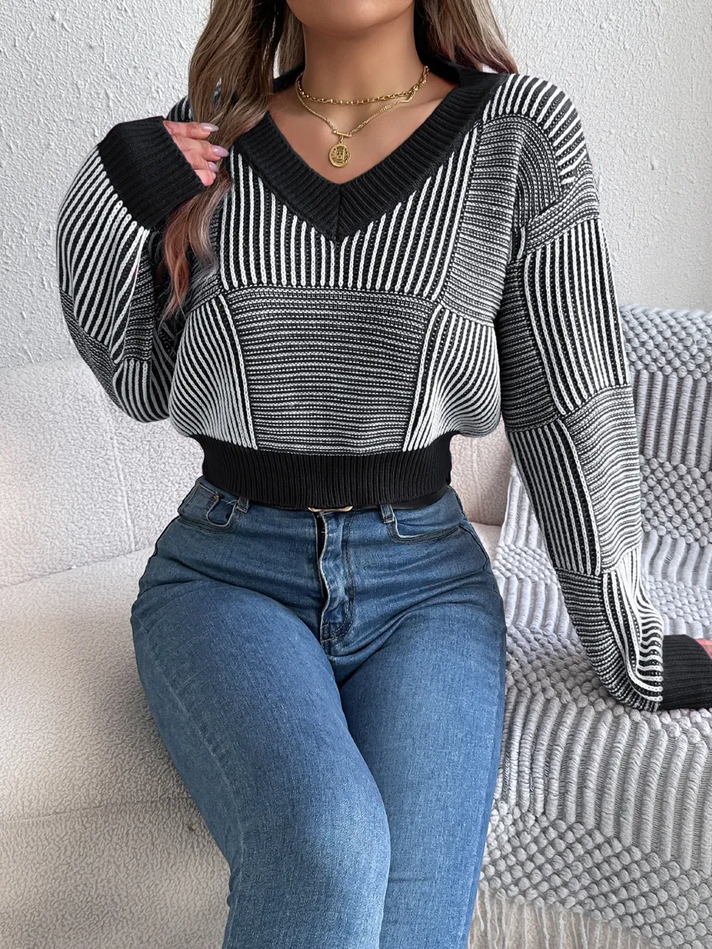 Striped V-Neck Long Sleeve Sweater, image 2