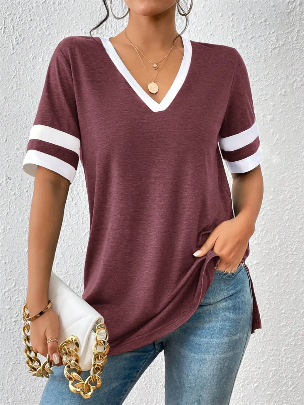 Contrast Trim V-Neck Short Sleeve T-Shirt, image 4