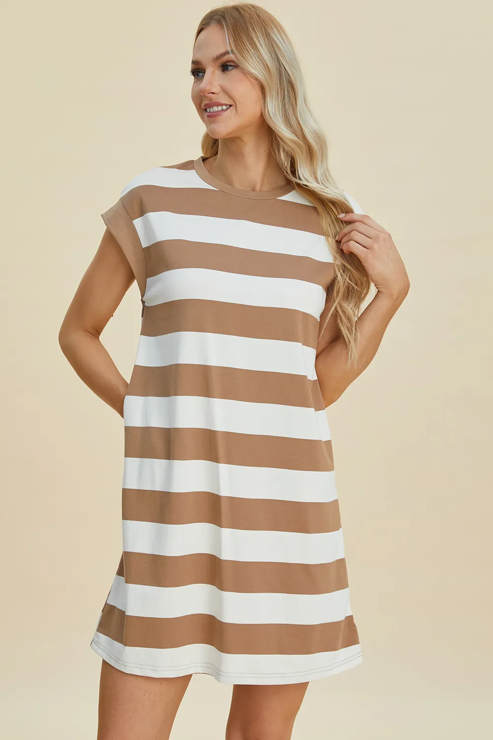 Full Size Striped Round Neck Cap Sleeve Mini Dress, image 11