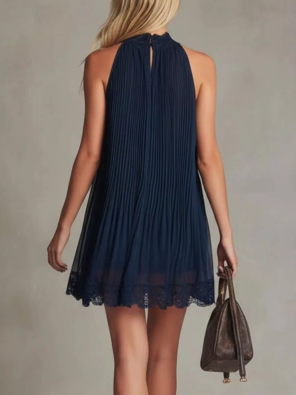 Pleated Lace Trim Sleeveless Mini Dress, image 5