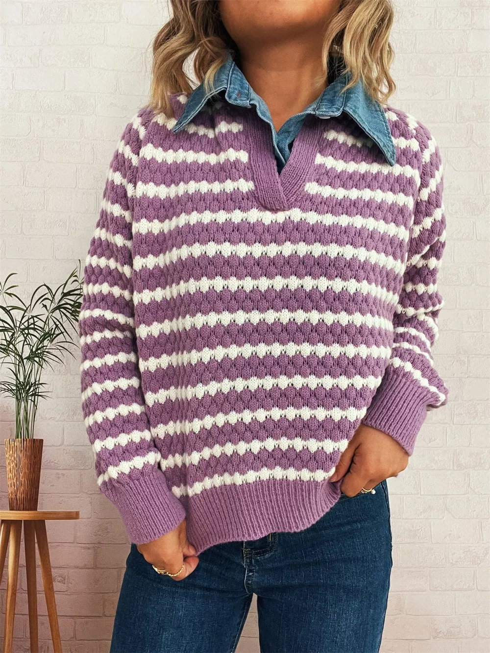 Contrast Striped Sweater with Denim Collar, image 28