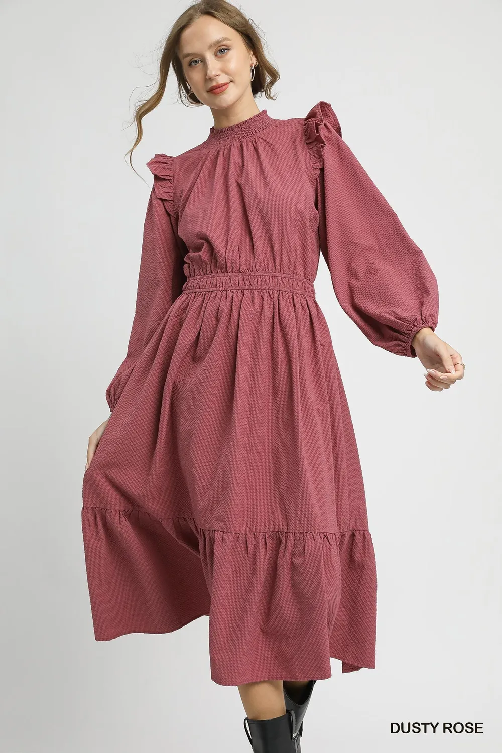 Textured Midi Dress with Ruffle Shoulder Detail, image 2