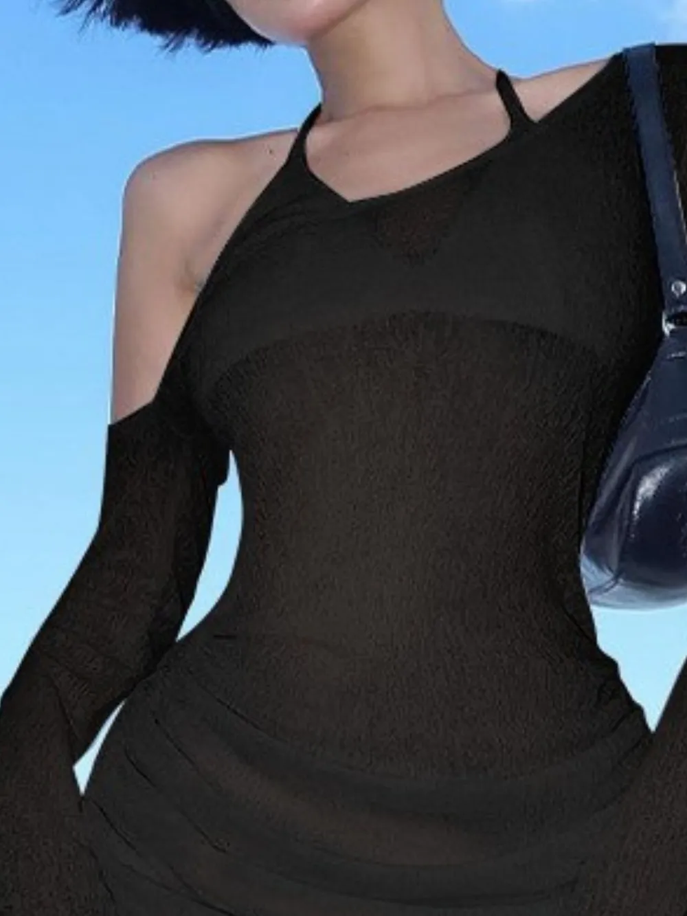 One-Shoulder Bell Sleeve Ruched Mini Cover-Up Dress, image 8