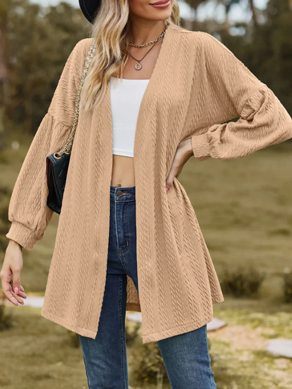 Textured Open Front Dropped Shoulder Cardigan, image 5