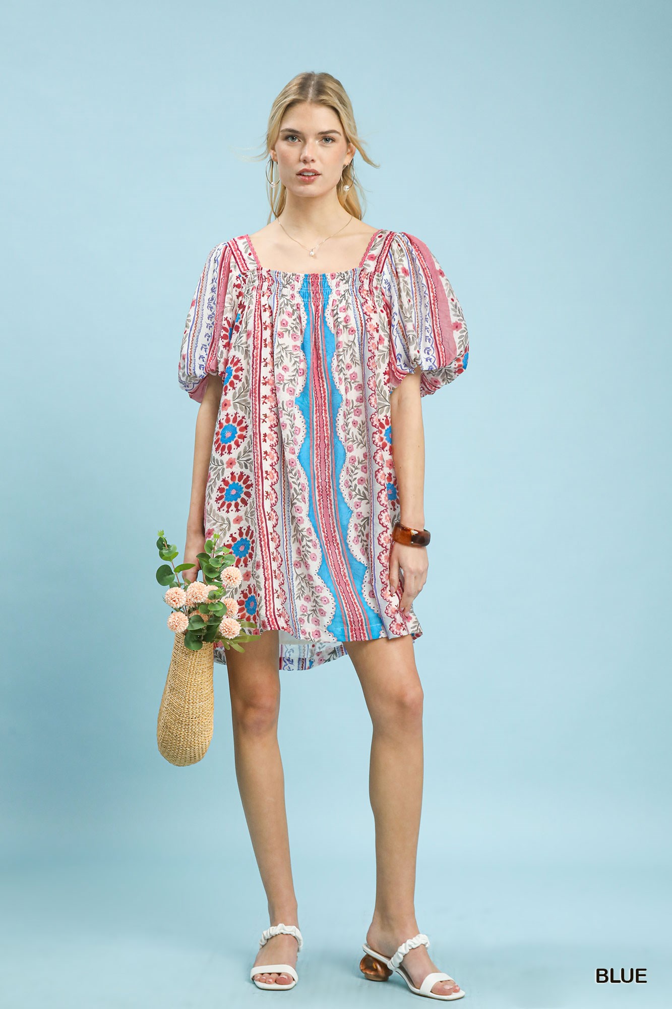 Mixed Print Puff Sleeve Mini Dress, image 3
