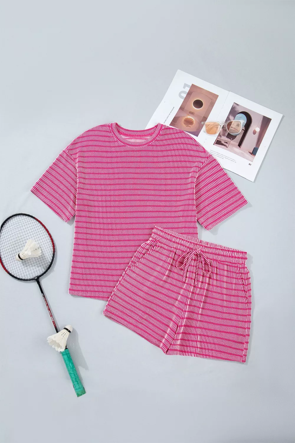 Stripe Raised Rib Loose Tee Drawstring Elastic Waist 2pcs Short Set, image 5