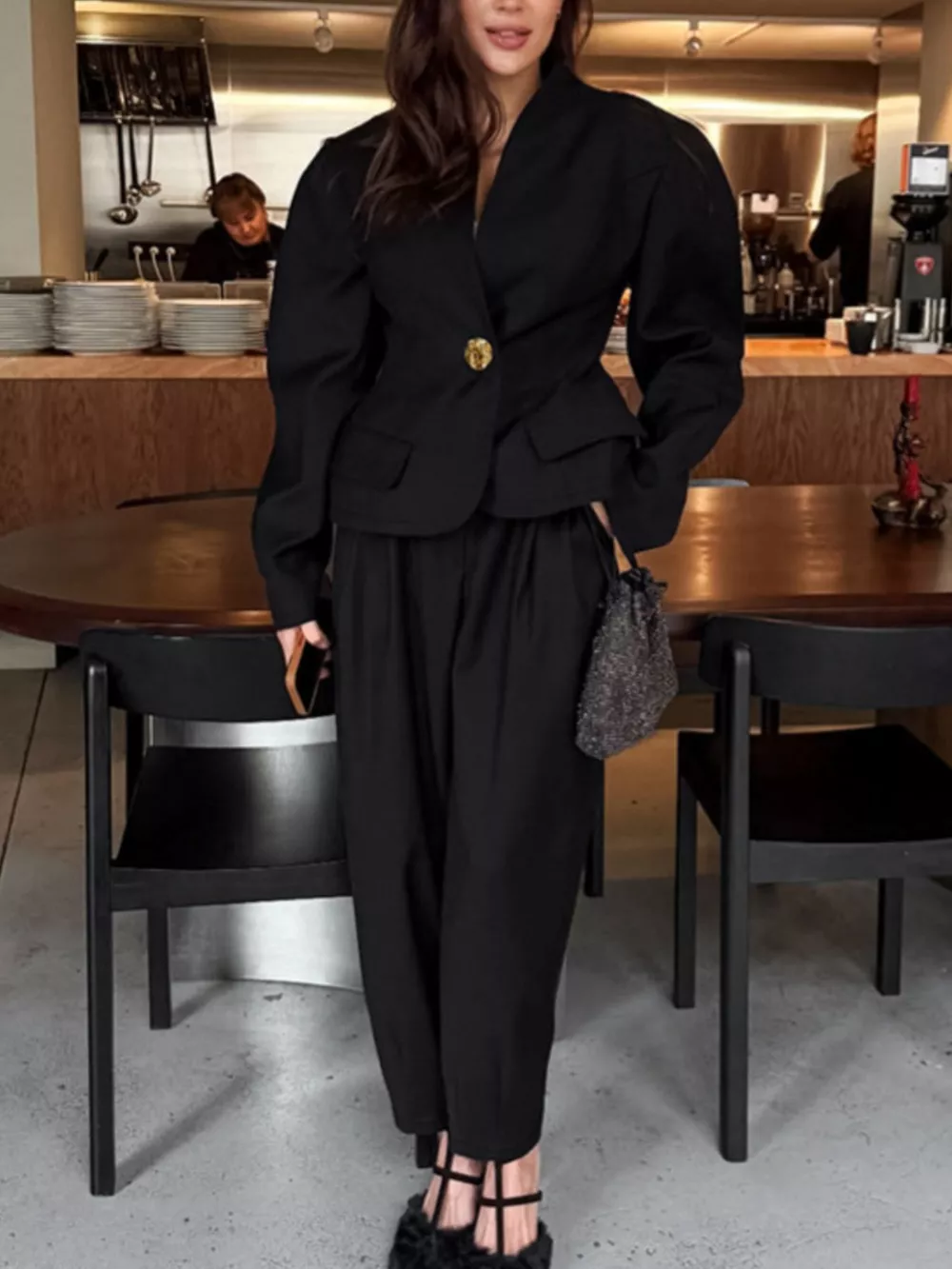 Puffy Sleeve Blazer and Wide-Leg Pants Set, image 4