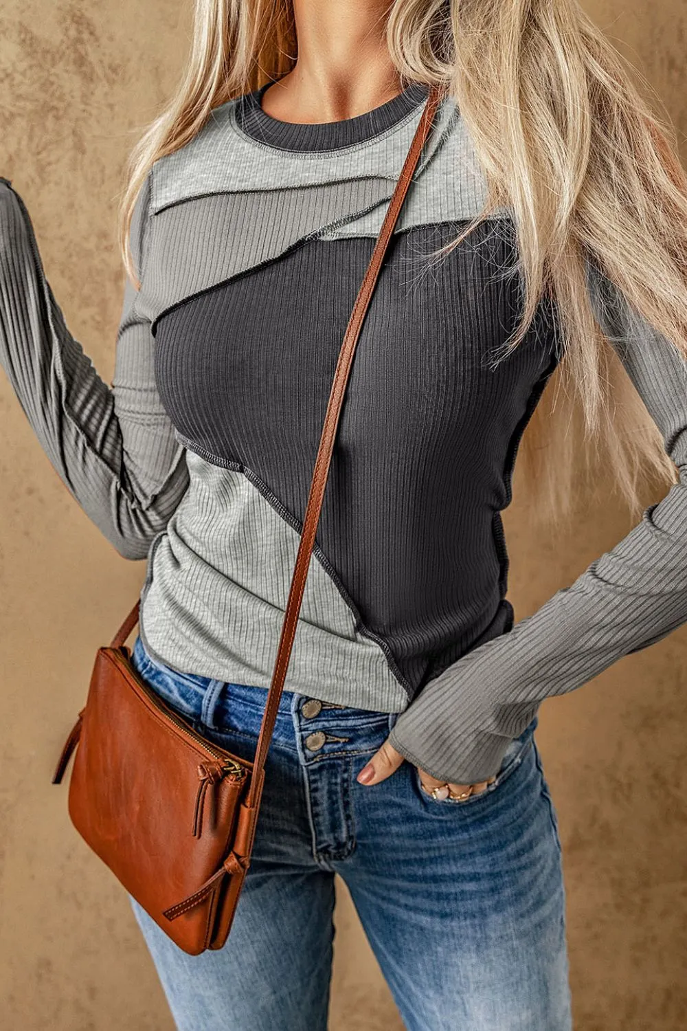 Exposed Seam Contrast Round Neck Long Sleeve T-Shirt, image 9