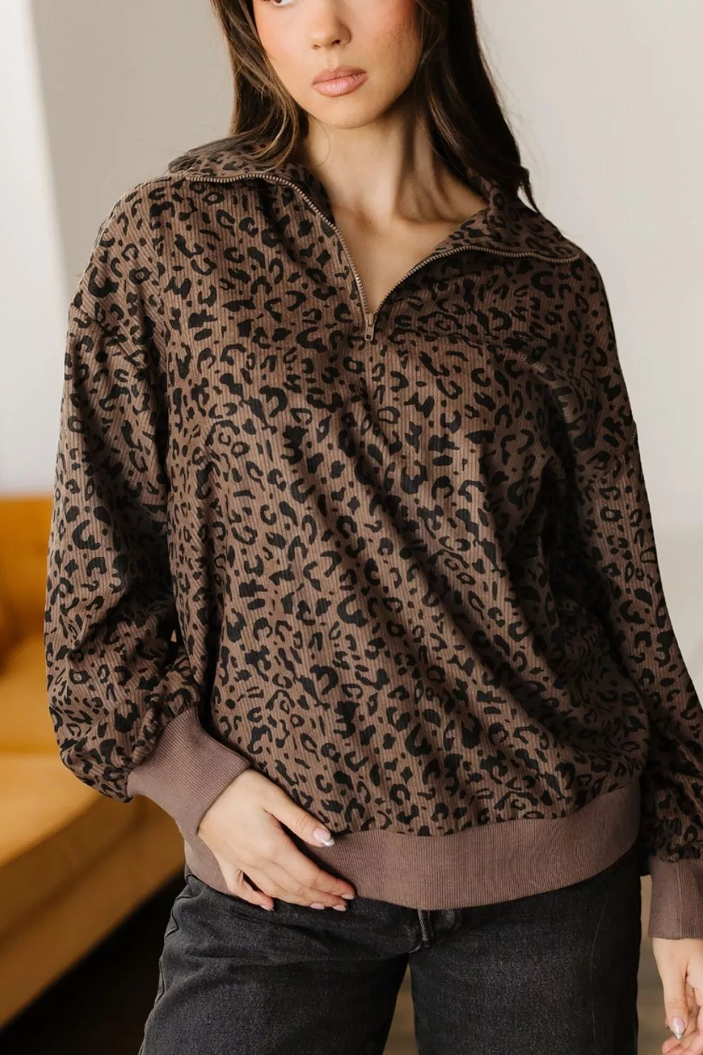 Leopard Print Quarter-Zip Sweatshirt, image 2