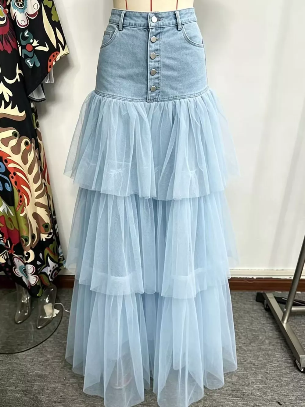 High-Waisted Button-Front Denim and Tulle Maxi Skirt, image 2