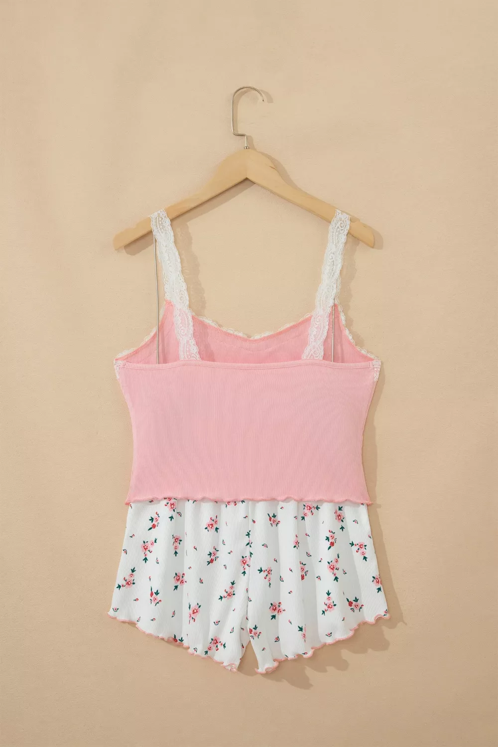 Ribbed Knit Lace Straps Patchwork Lettuce Hem Cropped Top Floral Short Lounge Set, image 5
