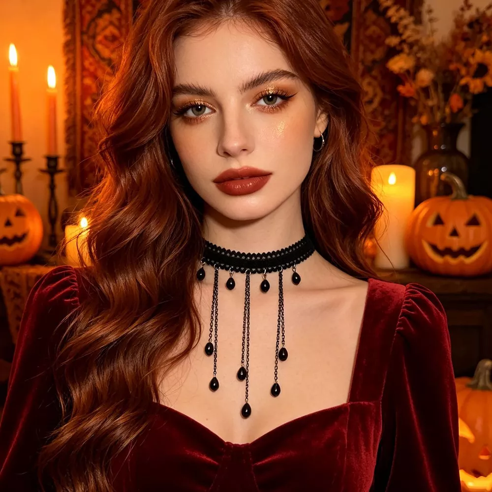 Gothic Lace Choker Necklace with Teardrop Dangle Charms, image 3