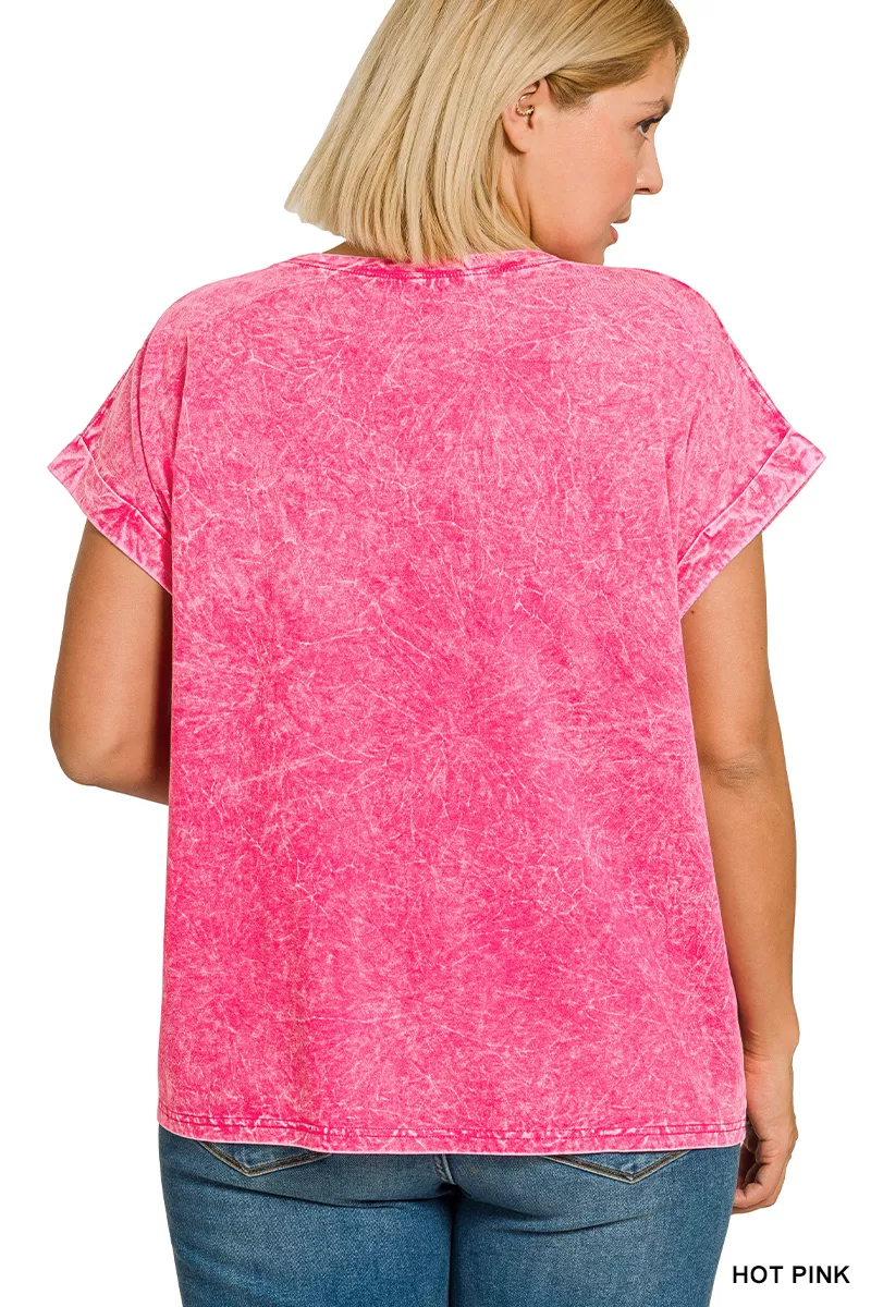 Full Size Crinkle Washed Round Neck Folded Short Sleeve Tee Plus Size, image 3