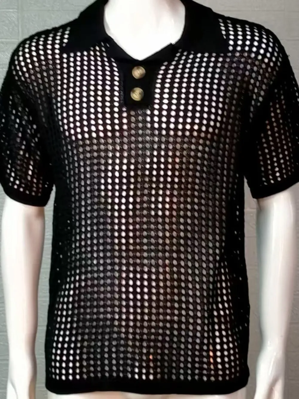 Men's Plus Size Openwork Collared Neck Quarter Button Knit Polo, image 6