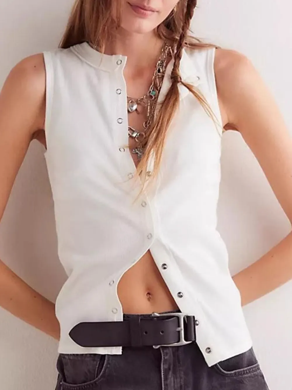 Snap Down Round Neck Ribbed Slim Tank Vest, image 4