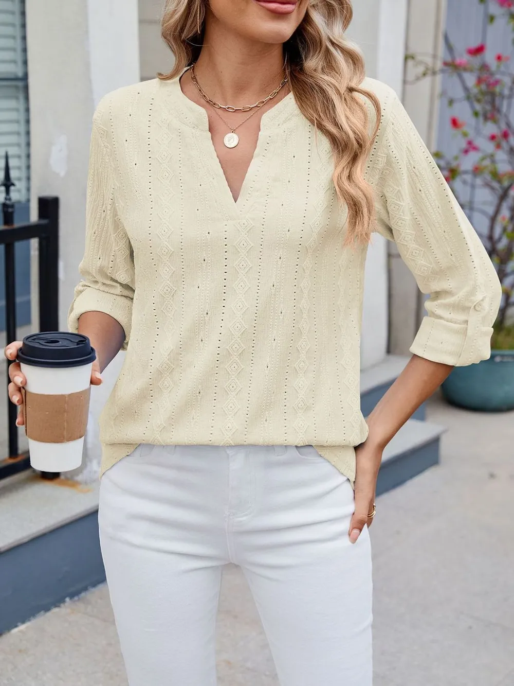 Eyelet Notched Roll-Tab Sleeve Top, image 17