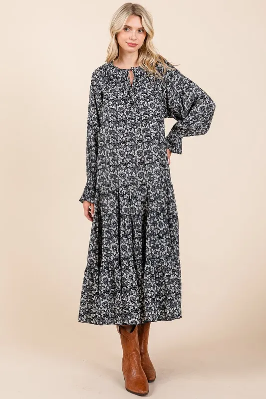 Printed Tie Neck Flounce Sleeve Midi Dress, image 3