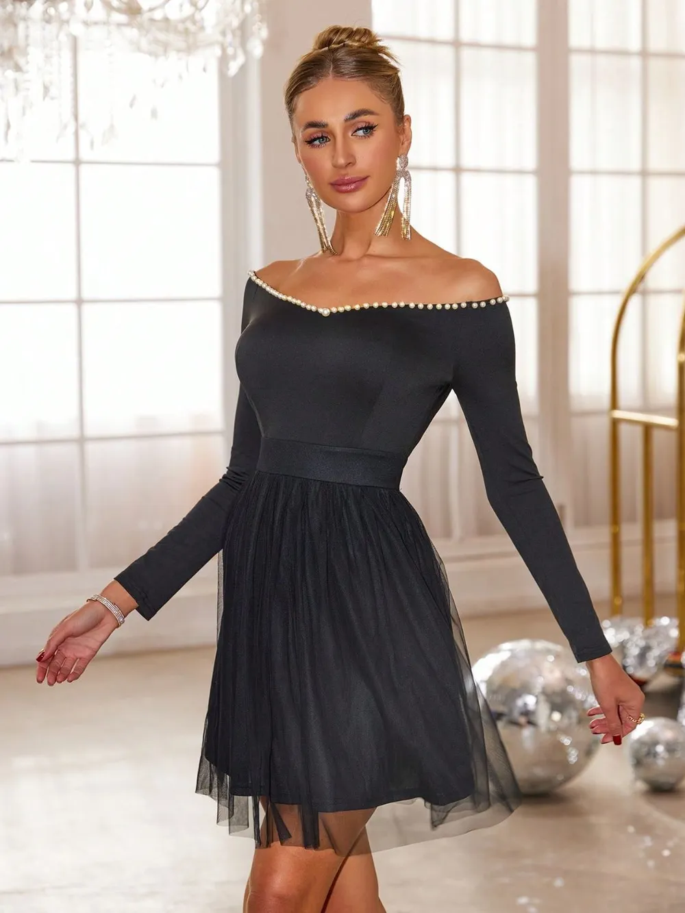 Pearl Trim Mesh Hem Off Shoulder Dress, image 4