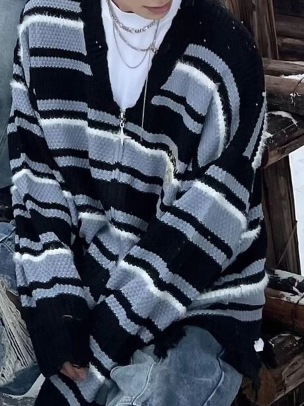 Men's Plus Size Striped Distressed Zip-Up Cardigan, image 4