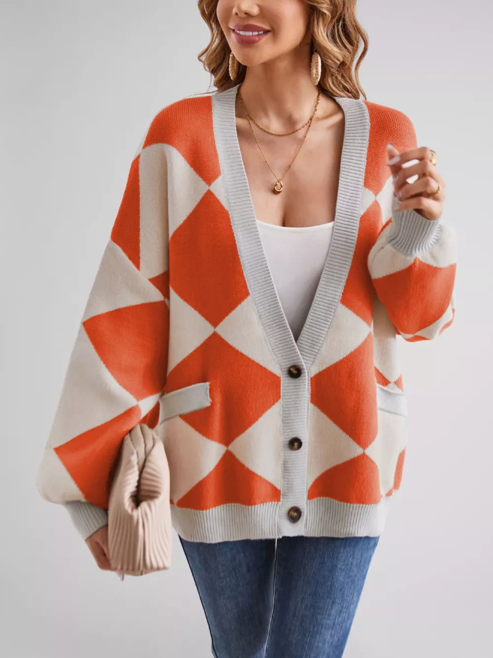 Diamond Pattern Button-Up Knit Cardigan, image 23