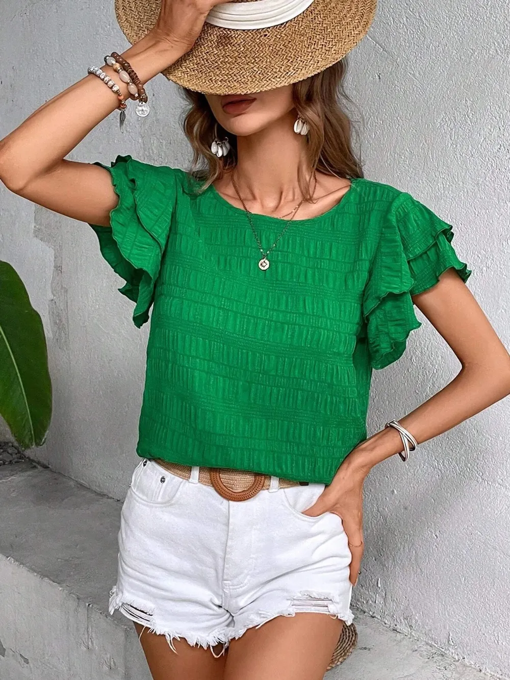 Round Neck Flounce Sleeve Blouse, image 15