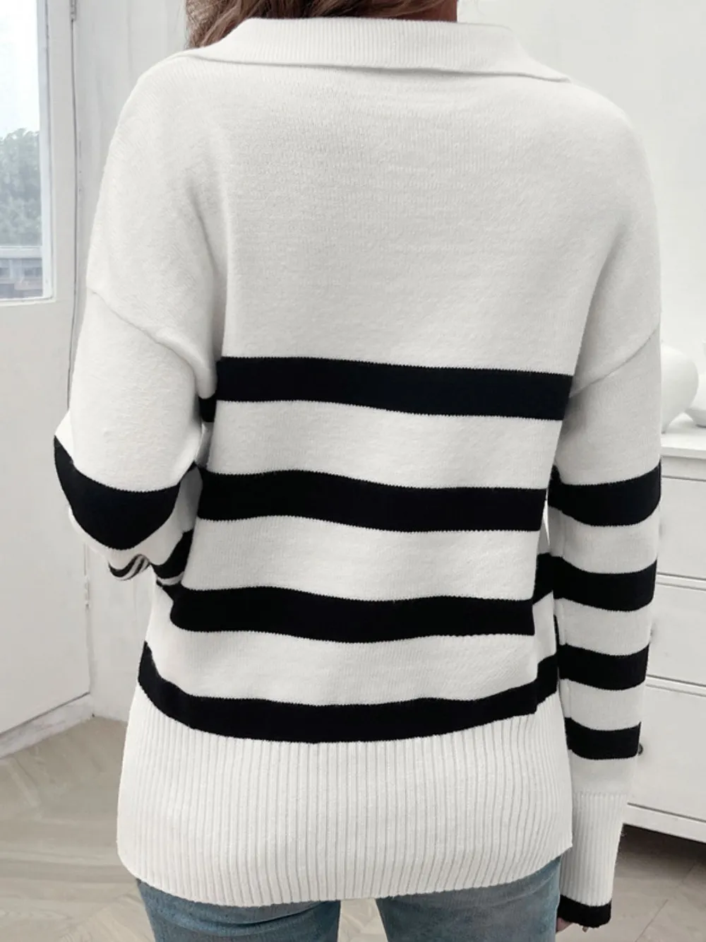 Striped Collared Neck Long Sleeve Sweater, image 17